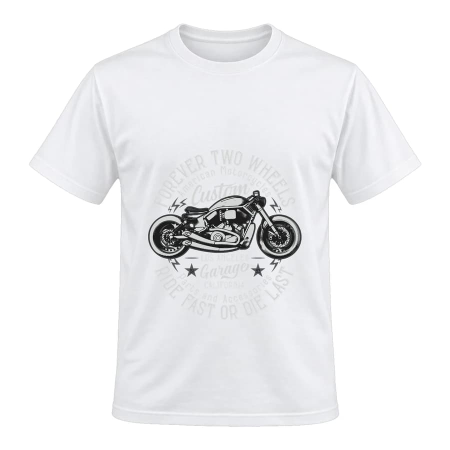 T-shirt — Moto custom · Route libre — Devant — Blanc